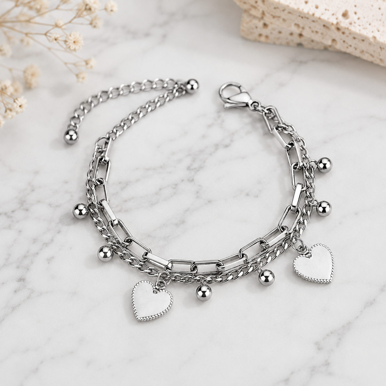 Pulsera Corazón Doble Capa Acero Inoxidable | Double Layer Heart Charm Bracelet for Women