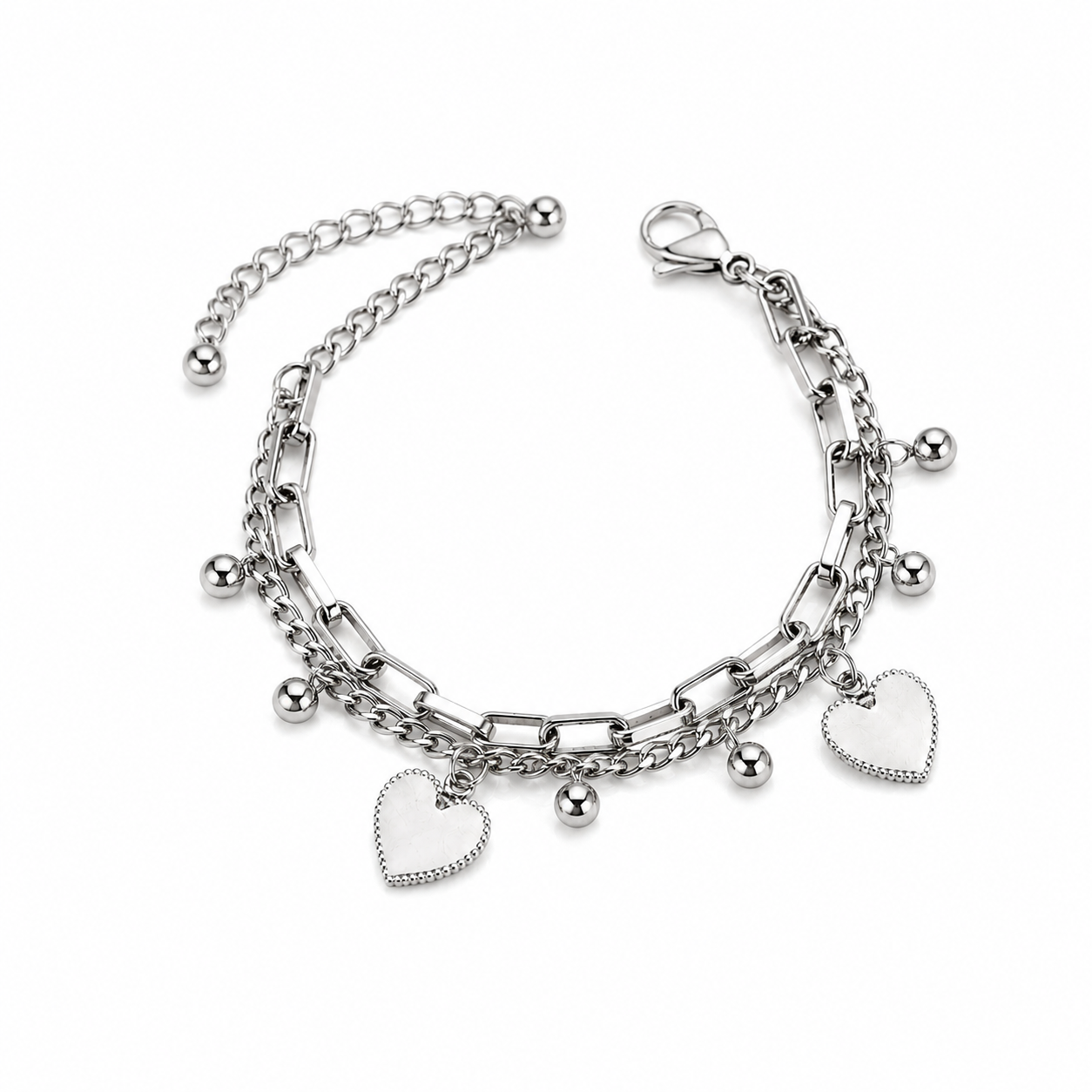 Pulsera Corazón Doble Capa Acero Inoxidable | Double Layer Heart Charm Bracelet for Women