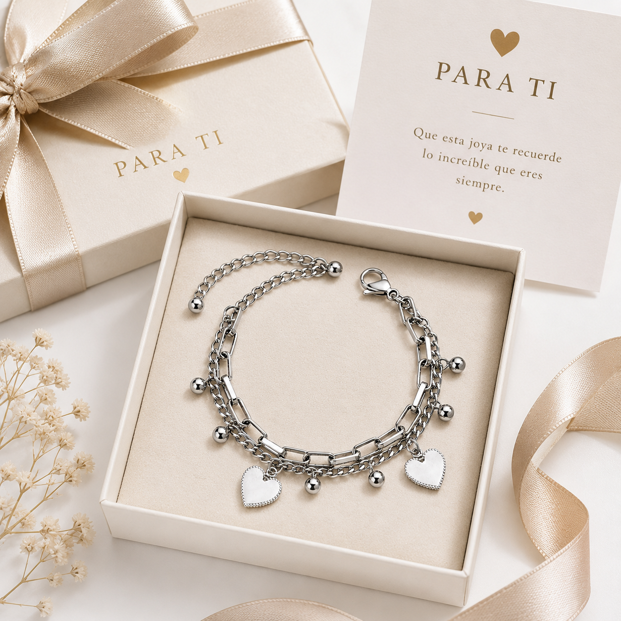 Pulsera Corazón Doble Capa Acero Inoxidable | Double Layer Heart Charm Bracelet for Women