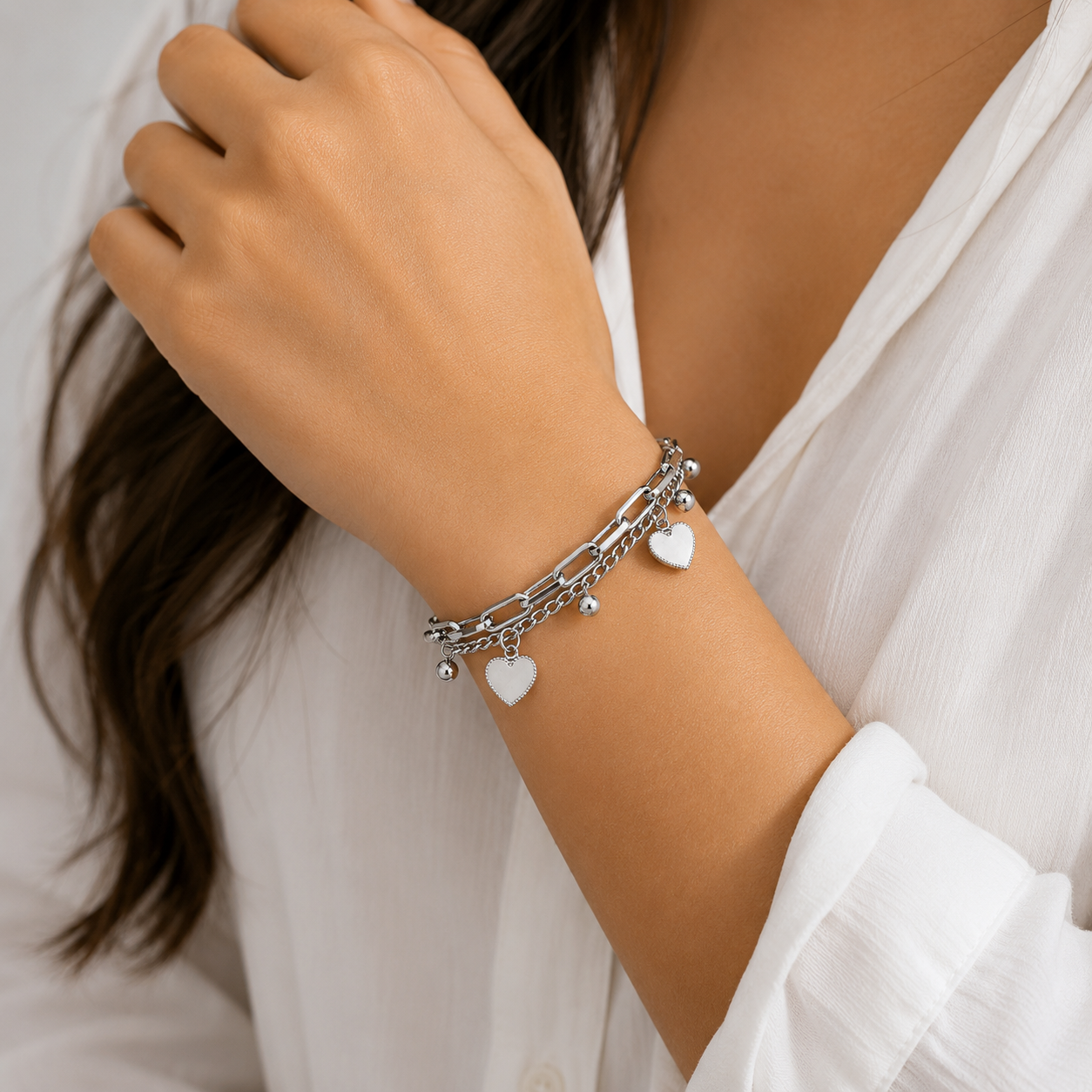 Pulsera Corazón Doble Capa Acero Inoxidable | Double Layer Heart Charm Bracelet for Women