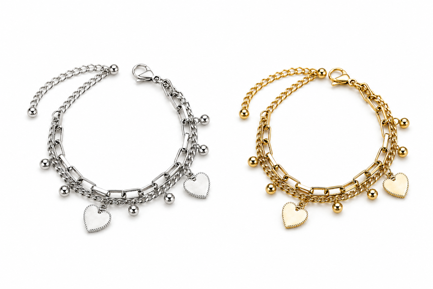 Pulsera Corazón Doble Capa Acero Inoxidable | Double Layer Heart Charm Bracelet for Women
