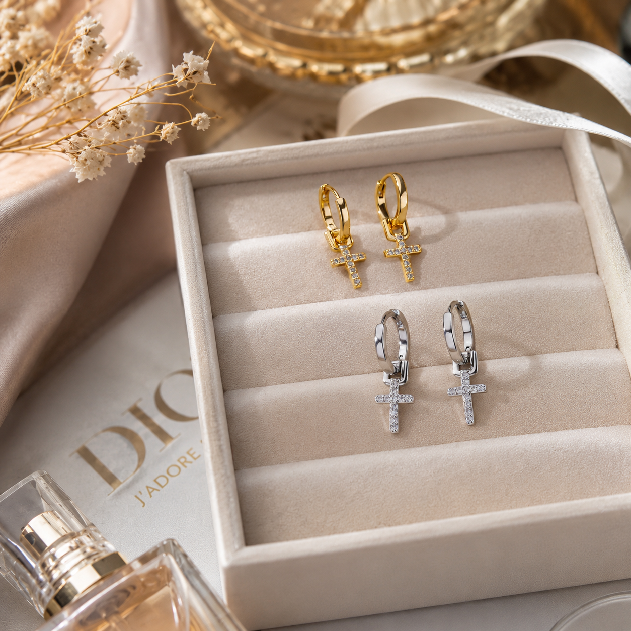 Aretes Cruz Colgante con Zirconias en Acero Inoxidable | Dangle Cross Hoop Earrings for Women