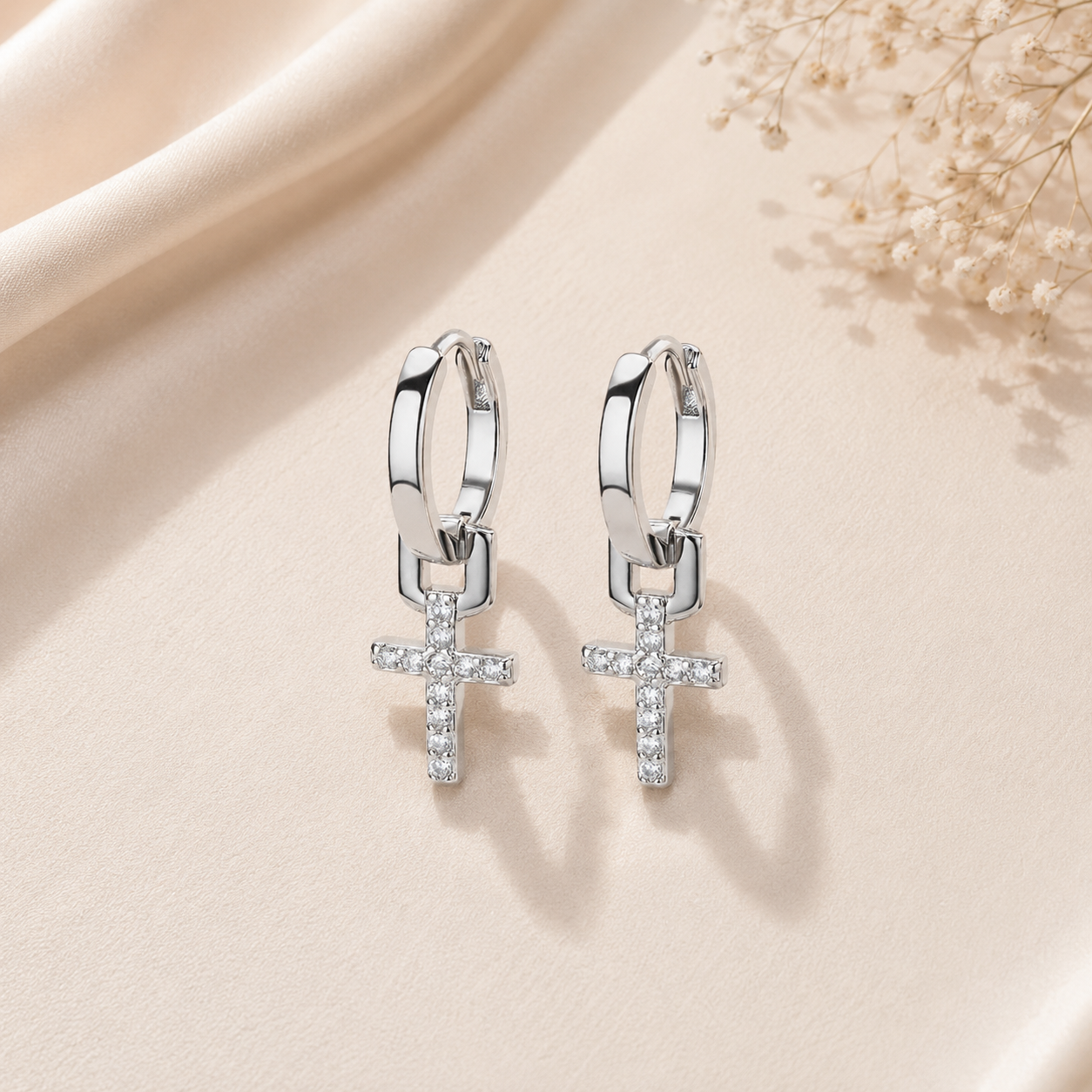 Aretes Cruz Colgante con Zirconias en Acero Inoxidable | Dangle Cross Hoop Earrings for Women