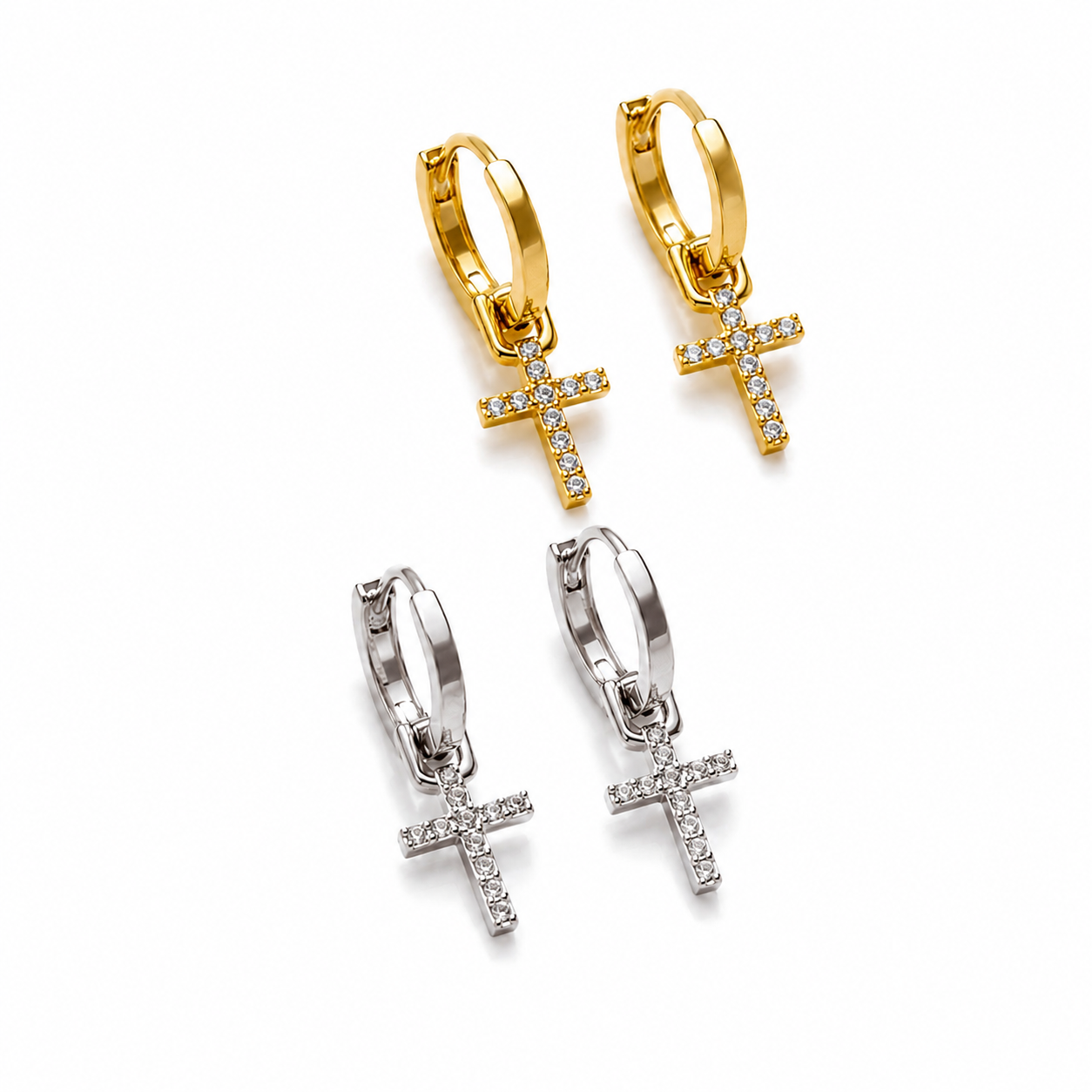 Aretes Cruz Colgante con Zirconias en Acero Inoxidable | Dangle Cross Hoop Earrings for Women