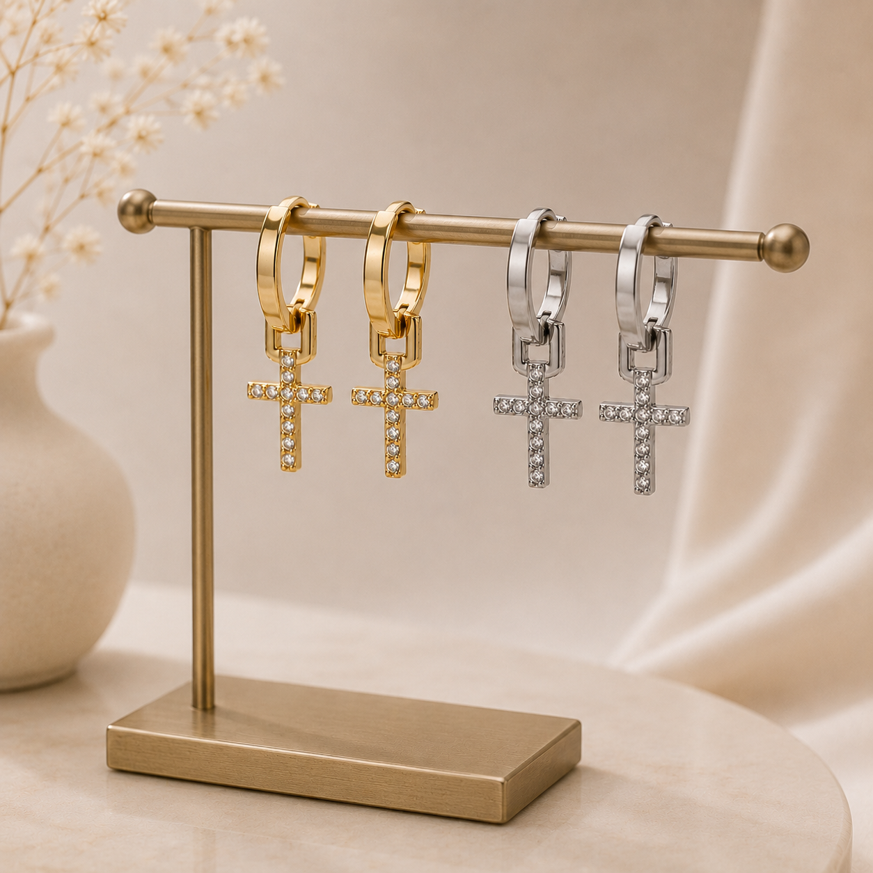 Aretes Cruz Colgante con Zirconias en Acero Inoxidable | Dangle Cross Hoop Earrings for Women