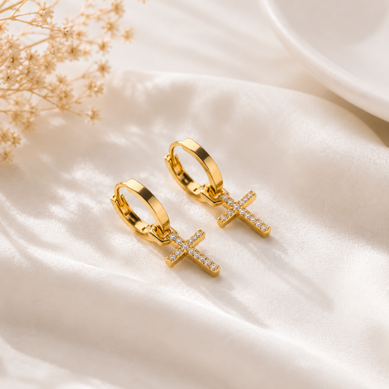 Aretes Cruz Colgante con Zirconias en Acero Inoxidable | Dangle Cross Hoop Earrings for Women