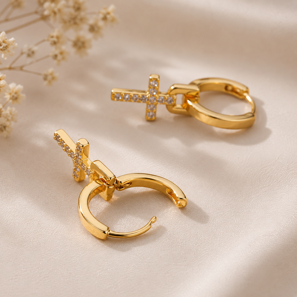 Aretes Cruz Colgante con Zirconias en Acero Inoxidable | Dangle Cross Hoop Earrings for Women