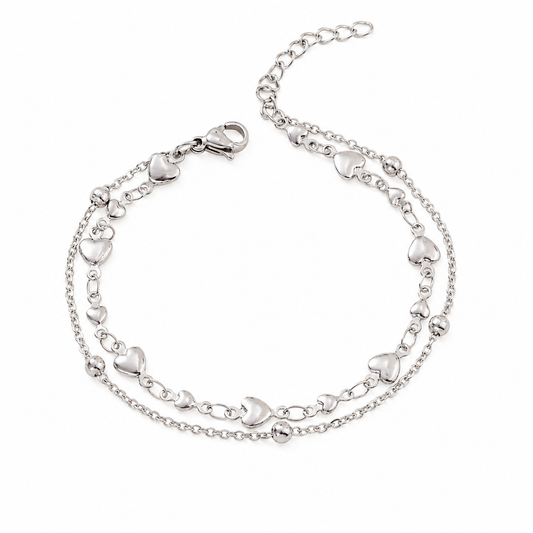 Pulsera Corazón Doble Capa en Acero Inoxidable 18K | Gold & Silver Heart Bracelet
