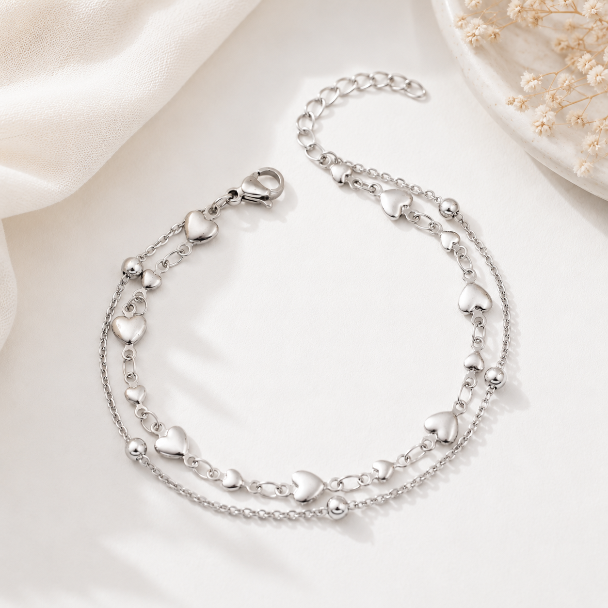 Pulsera Corazón Doble Capa en Acero Inoxidable 18K | Gold & Silver Heart Bracelet