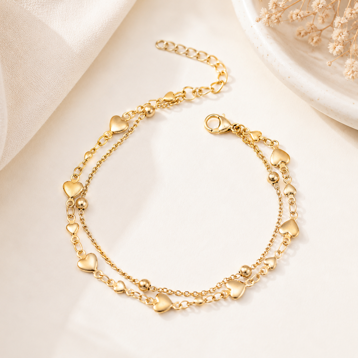Pulsera Corazón Doble Capa en Acero Inoxidable 18K | Gold & Silver Heart Bracelet