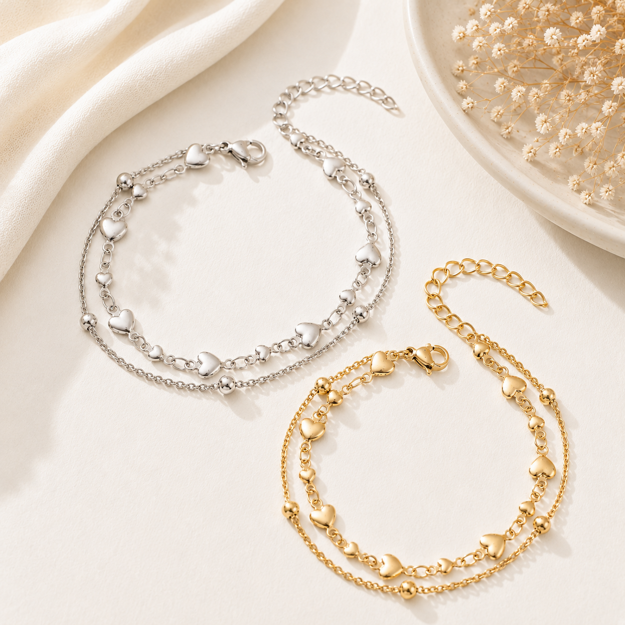 Pulsera Corazón Doble Capa en Acero Inoxidable 18K | Gold & Silver Heart Bracelet