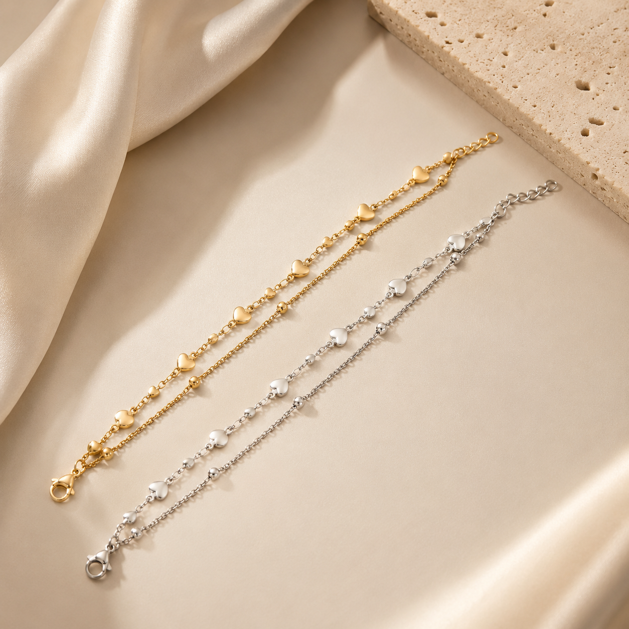 Pulsera Corazón Doble Capa en Acero Inoxidable 18K | Gold & Silver Heart Bracelet