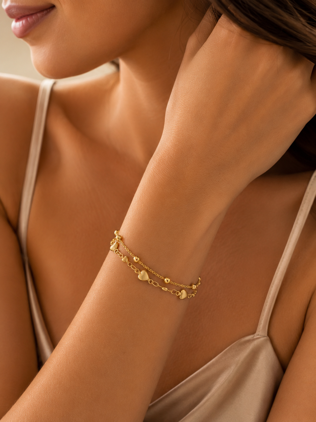 Pulsera Corazón Doble Capa en Acero Inoxidable 18K | Gold & Silver Heart Bracelet