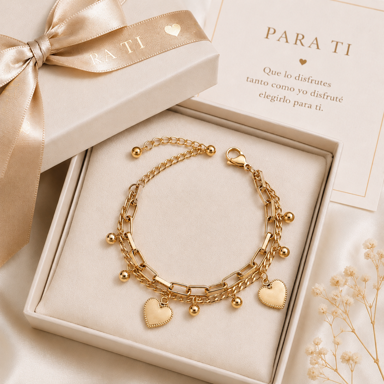 Pulsera Corazón Doble Capa Acero Inoxidable | Double Layer Heart Charm Bracelet for Women
