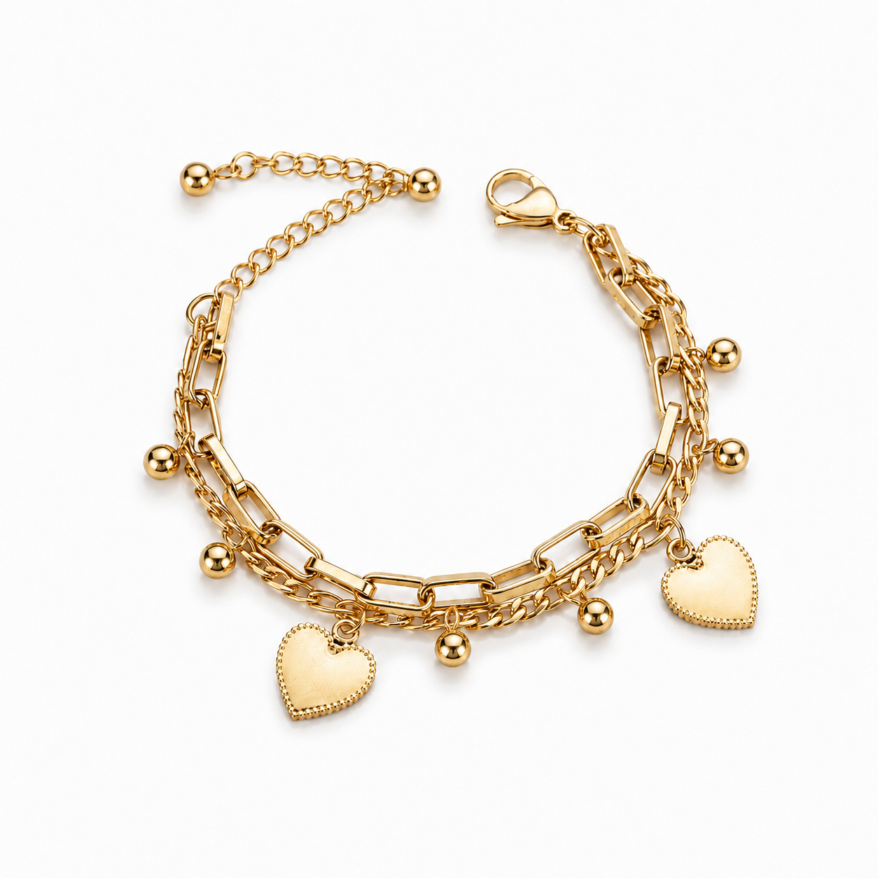 Pulsera Corazón Doble Capa Acero Inoxidable | Double Layer Heart Charm Bracelet for Women