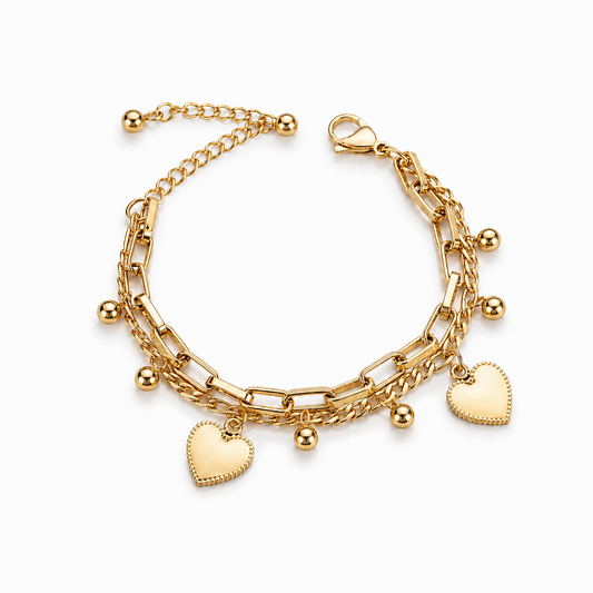 Pulsera Corazón Doble Capa Acero Inoxidable | Double Layer Heart Charm Bracelet for Women