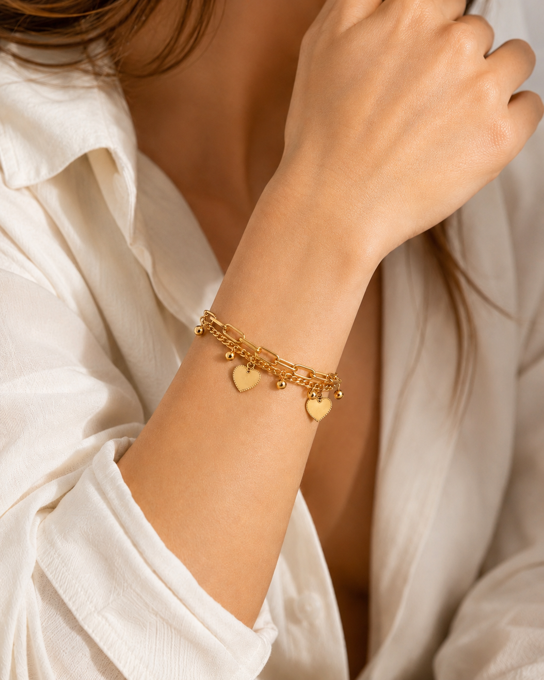 Pulsera Corazón Doble Capa Acero Inoxidable | Double Layer Heart Charm Bracelet for Women