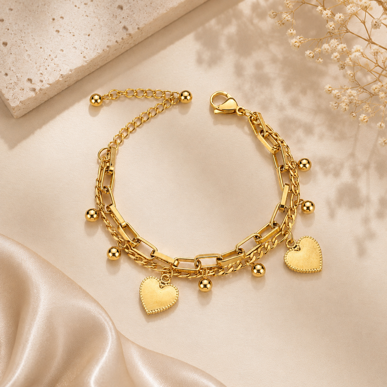 Pulsera Corazón Doble Capa Acero Inoxidable | Double Layer Heart Charm Bracelet for Women