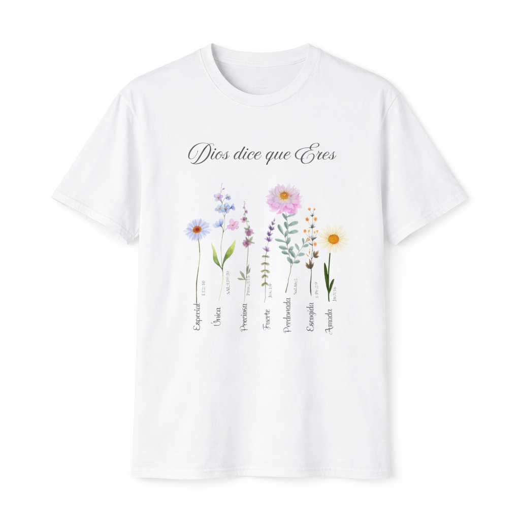 Camiseta Cristiana “Dios Dice que Eres” – Inspiración Bíblica con Flores