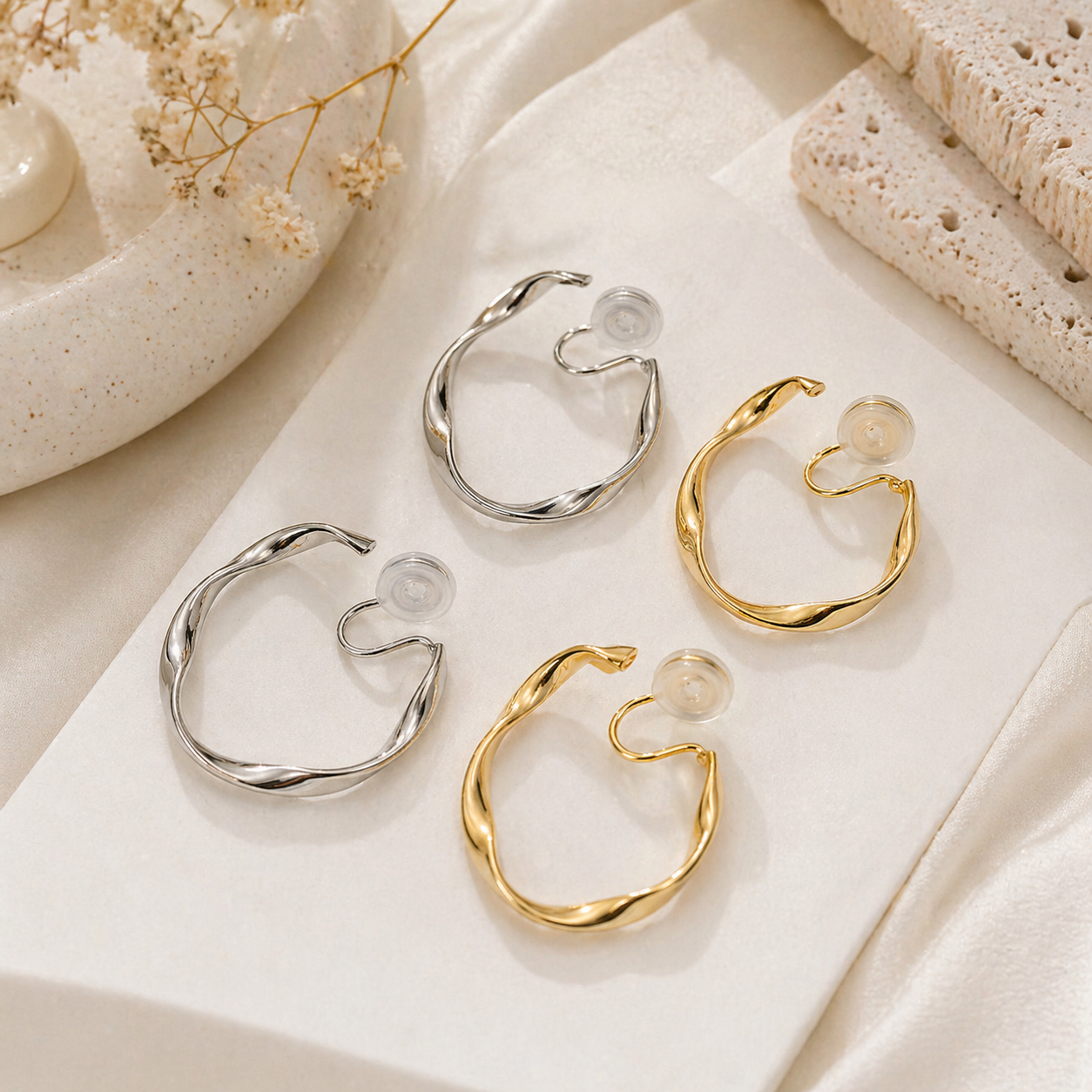 Aretes Clip Elegantes Trenzados (Sin Perforación) – Dorado y Plateado