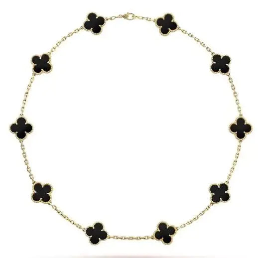 Collar de Ágata Negra Dorada con Colgante de Trébol