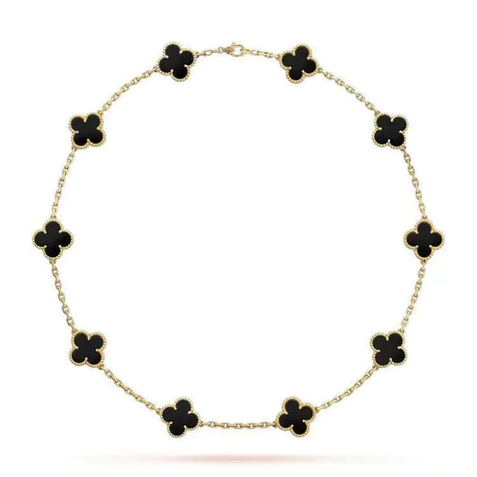Collar de Ágata Negra Dorada con Colgante de Trébol