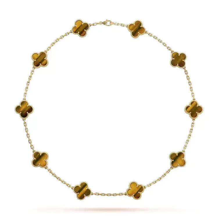 Collar de Ágata Negra Dorada con Colgante de Trébol